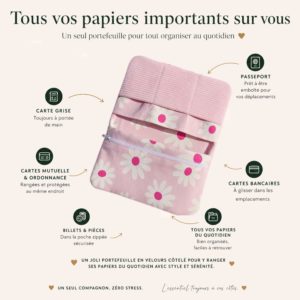 Portefeuille velours côtelé Rose marguerite